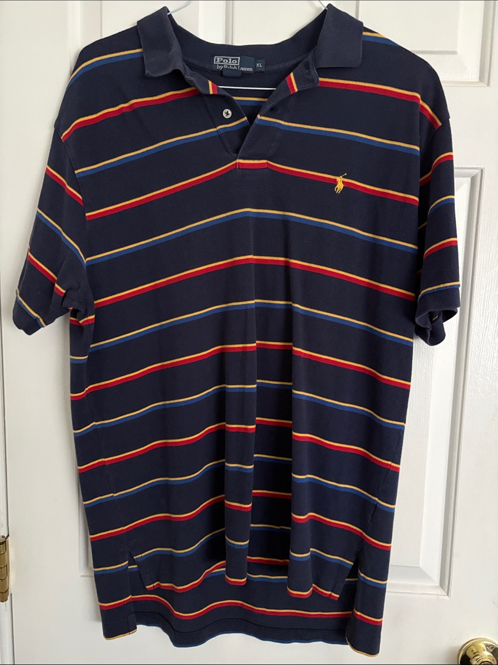 Vintage Polo by Ralph Lauren Navy Polo with Red and Yellow Stripes
